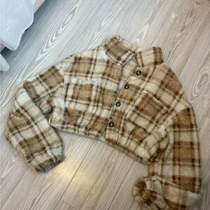 Fuzzy Beige and Cream plaid cropped Jacket